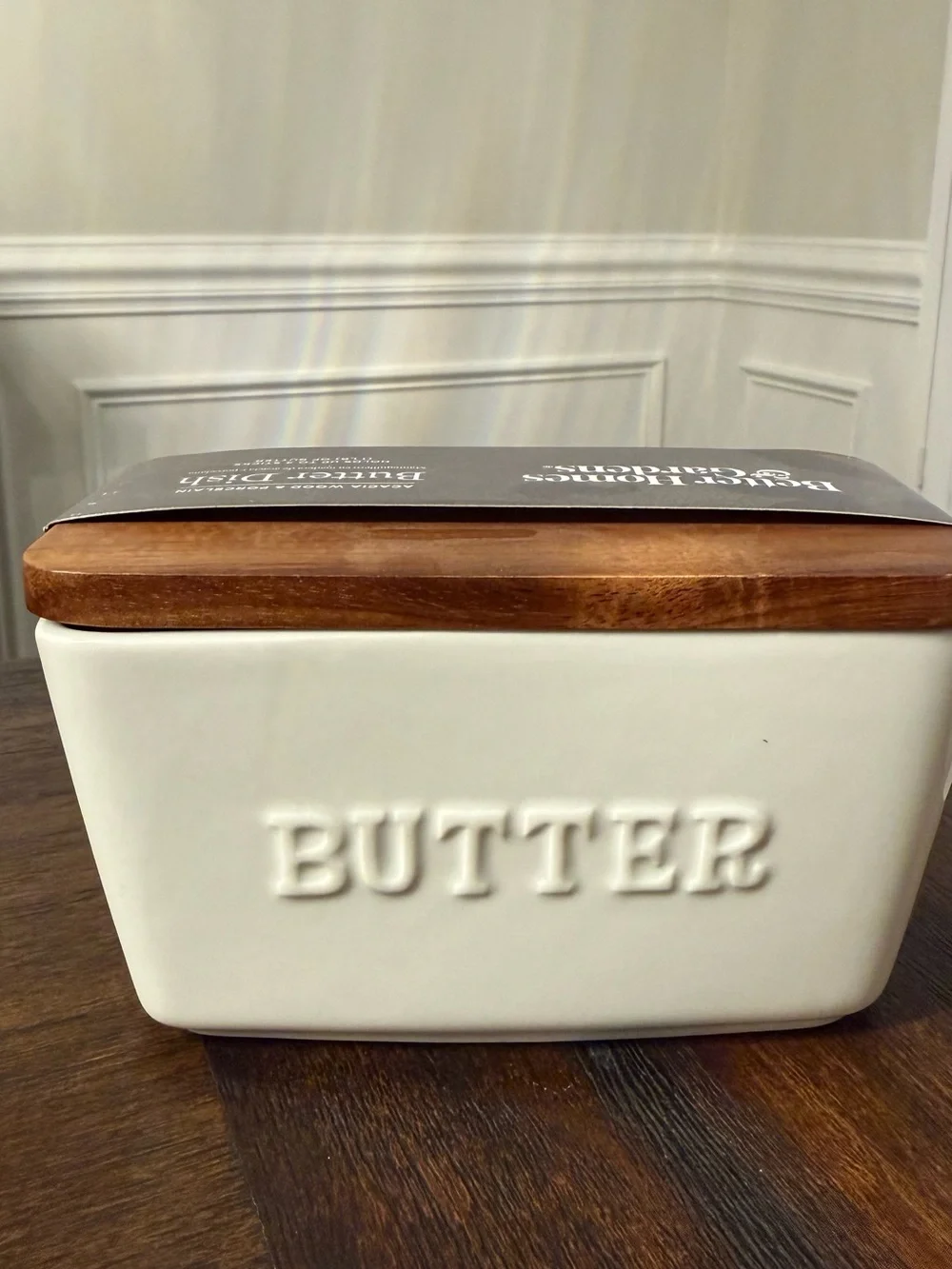 Better Homes And Gardens White Porcelain Butter Dish with Brown Acacia Lid